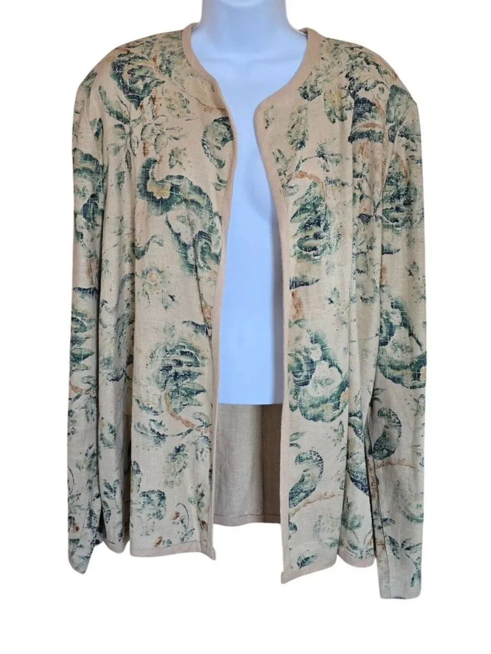 Linen/Floral Lightweight Open Jacket Elegant Nature-Inspired Print & Beige Trim